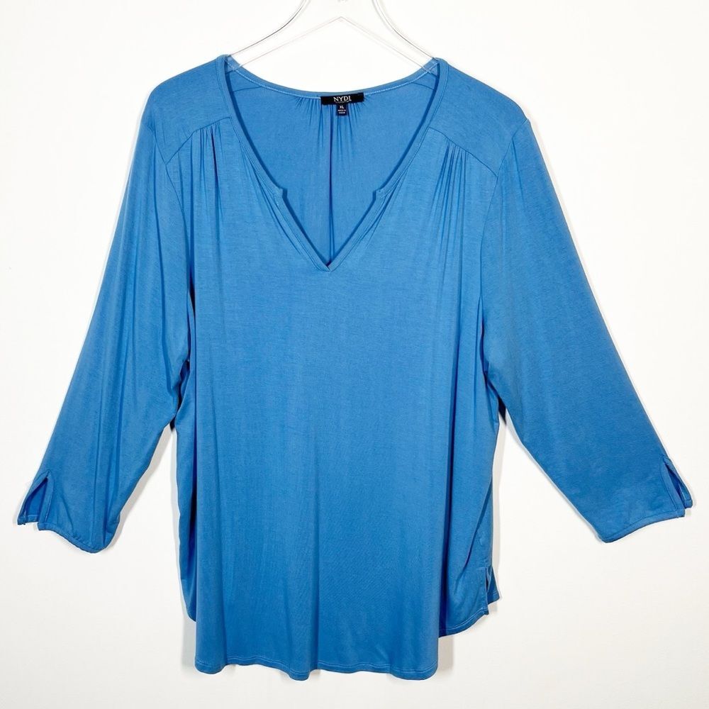 NYDJ Women's Size XL Blue Perfect Tee V-Neck Three Quarter Sleeve T-Shirt Blouse